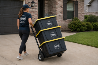 A moving checklist next to packed moving totes