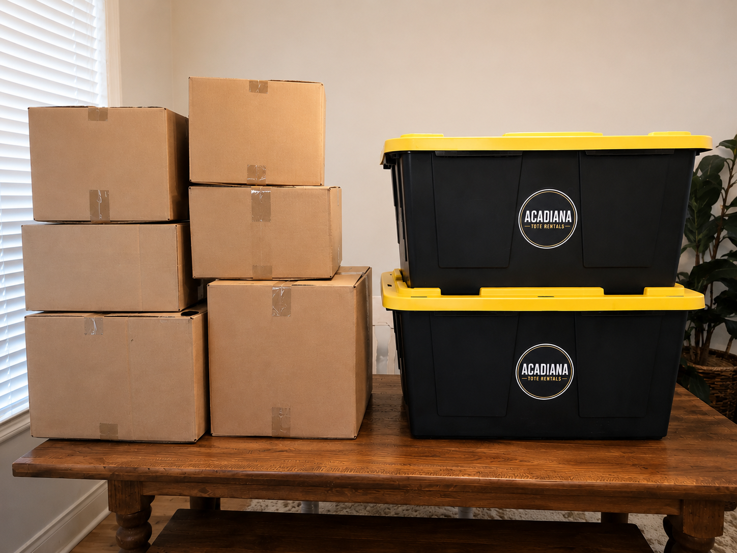 Cardboard boxes next to stacked moving totes